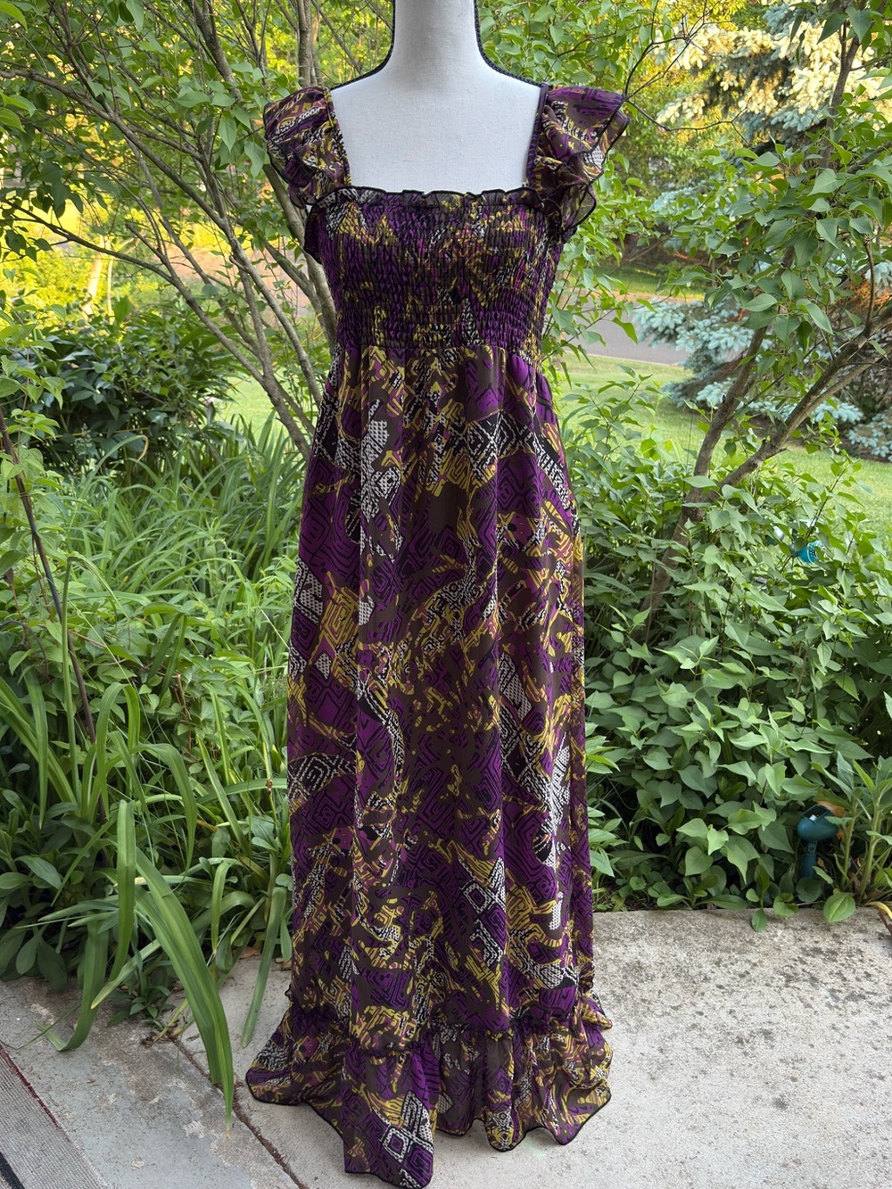 NY Collection Purple Maxi Dress with Gold Abstract Print